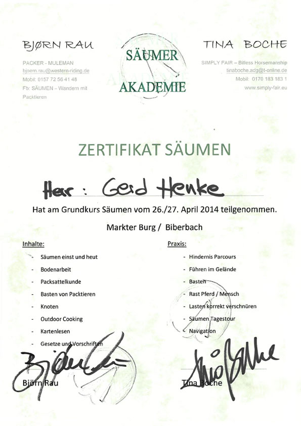 Zertifikat Säumen, Säumer Akademie, Gerd Henke, Nordhastedt