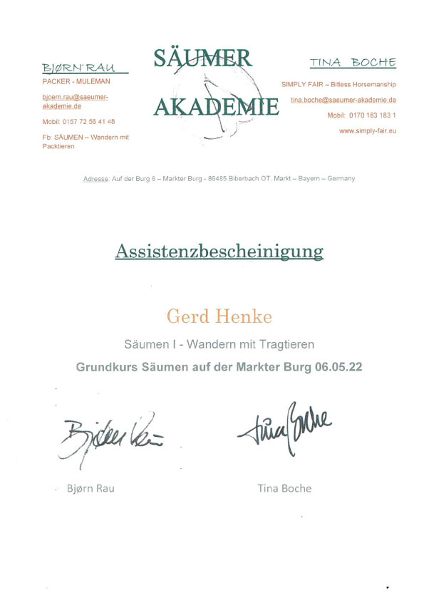 Assistenzbescheinigung Säumen I, Wandern mit Tragtieren, Säumer Akademie, Gerd Henke, Nordhastedt