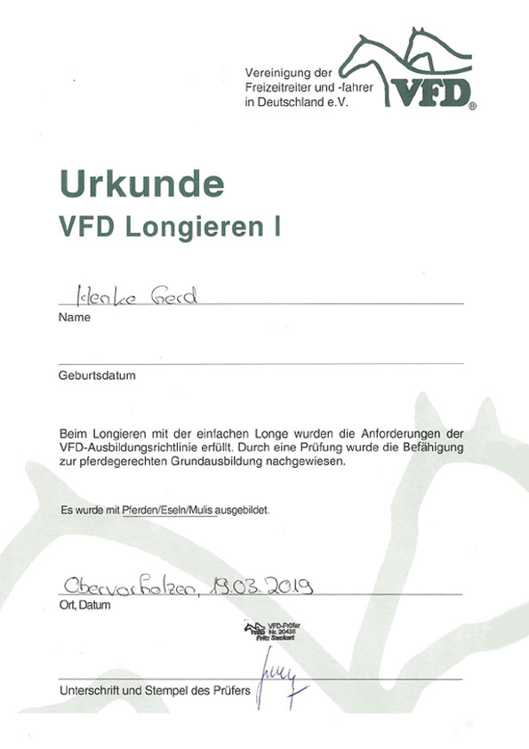 Urkunde VFD Longieren I, Gerd Henke, Nordhastedt