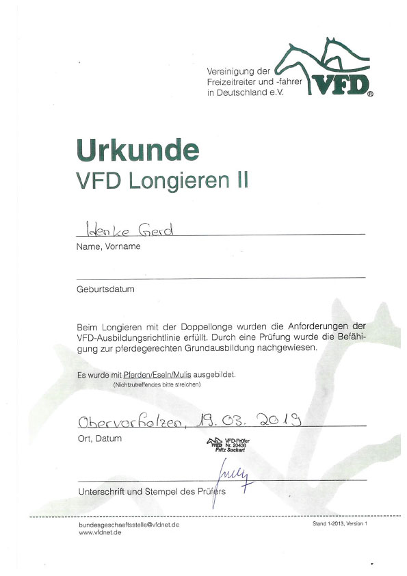Urkunde VFD Longieren II, Gerd Henke, Nordhastedt