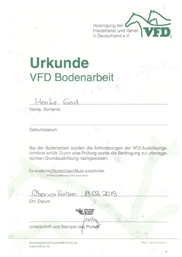 Urkunde VFD Bodenarbeit, Gerd Henke, Pferdetrainer, Nordhastedt